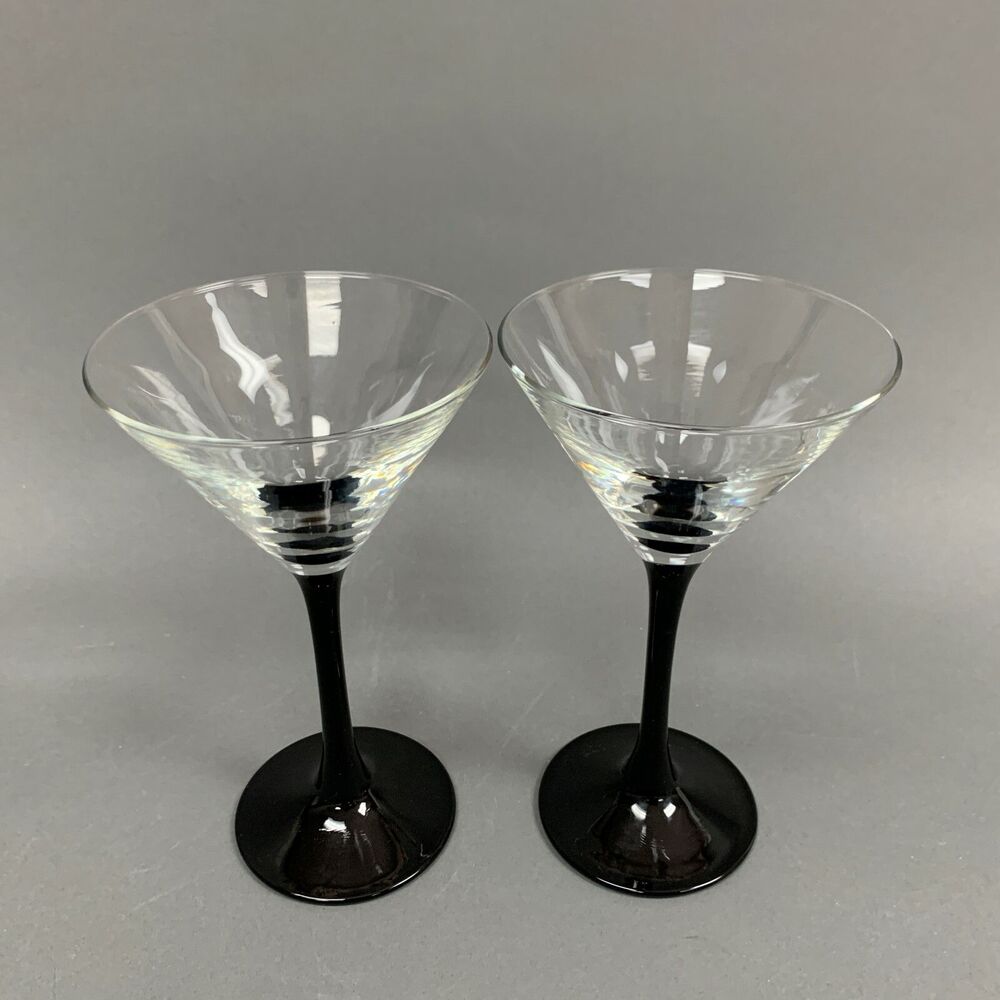 Glasses France Martini Clear Black Stem 6 1/2 Glass Lot of 2‎ - Picture 2 of 5